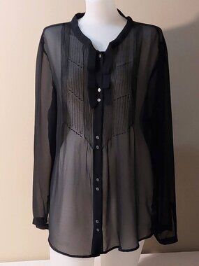 Gap Black Sheer Pintuck Bow Detail front Button-up Long-Sleeve blouse Size: 14
